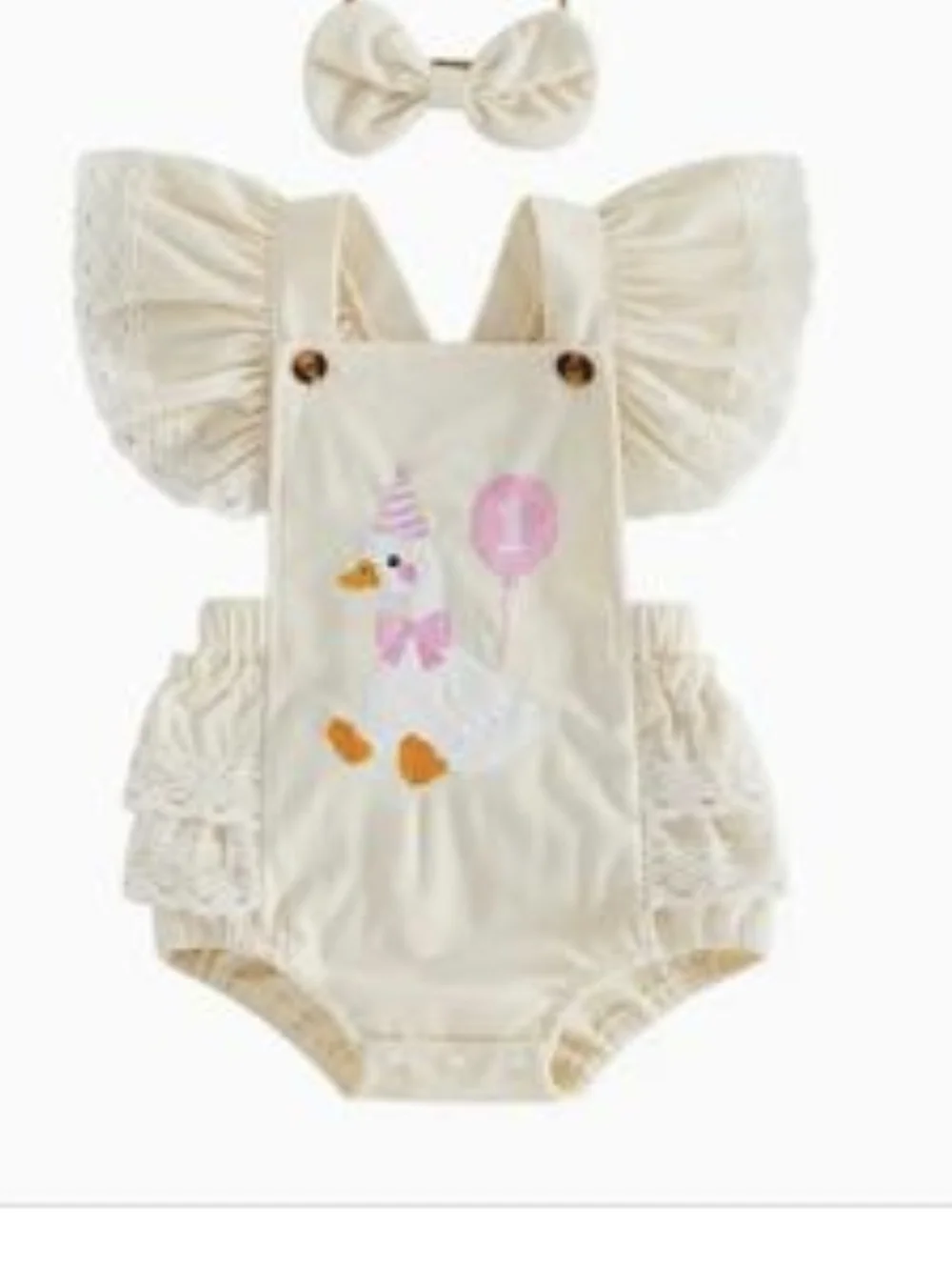Cream Ruffle Duck Applique Diaper Cover with Matching Bow